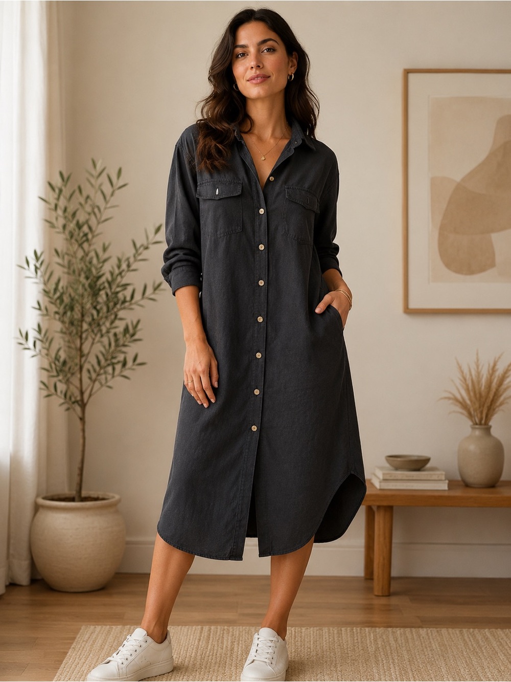 Button-Front Charcoal Midi Shirt Dress